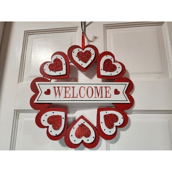 Valentine's Day Heart Wreath Door Hanger Sign Red White Glitter Wooden Welcome - Picture 1 of 9